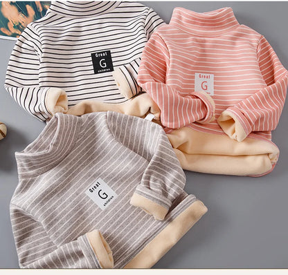 Children Striped Thickened Base Shirt High Collar Top Single Piece Boys Girls Half High Collar Long Sleeve T-shirt