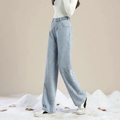 Versatile High-waisted Fleece-lined Thickened Straight-leg Jeans For Petite Women Slimming Loose-fit Warm Denim Pants