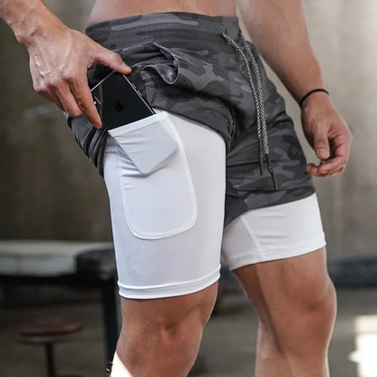 2-in-1 Men’s Gym Shorts – Camo Running, Quick Dry Training & Jogging Pants, Summer Sportswear