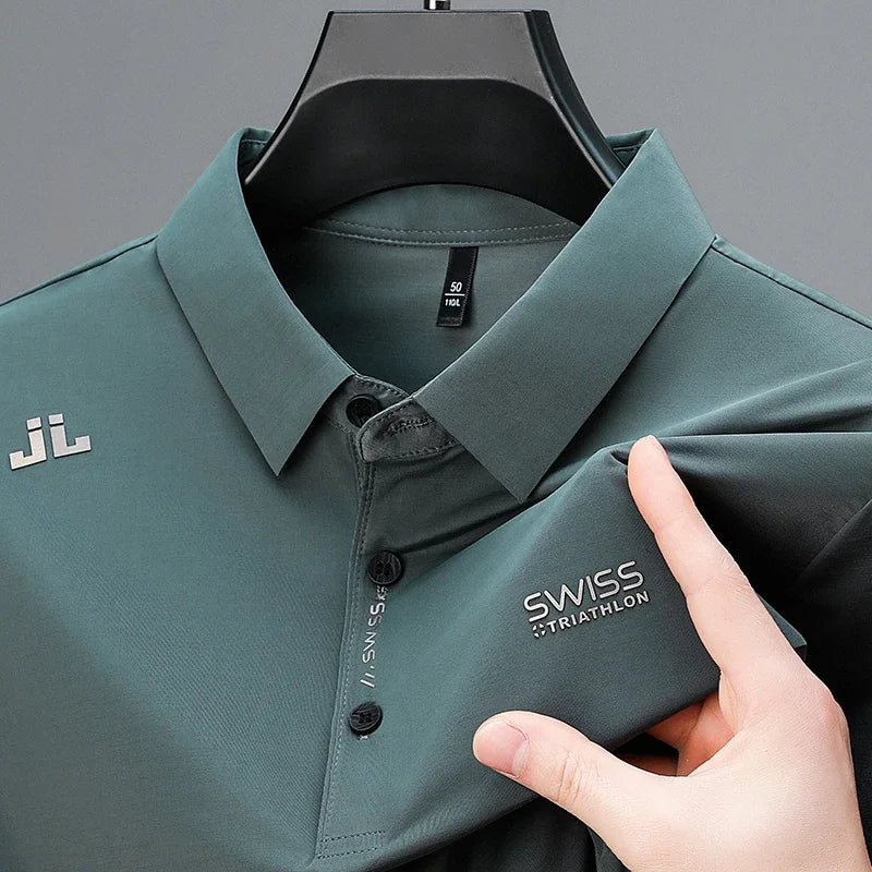Men’s Business Casual Polo Shirt | Short Sleeve Solid Color Top with Badge – Fashionable & Breathable