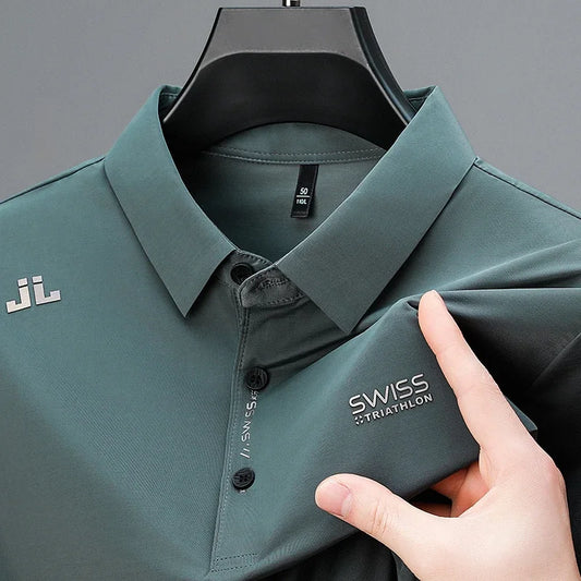 Men’s Business Casual Polo Shirt | Short Sleeve Solid Color Top with Badge – Fashionable & Breathable