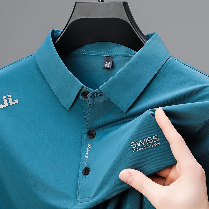 Men’s Business Casual Polo Shirt | Short Sleeve Solid Color Top with Badge – Fashionable & Breathable