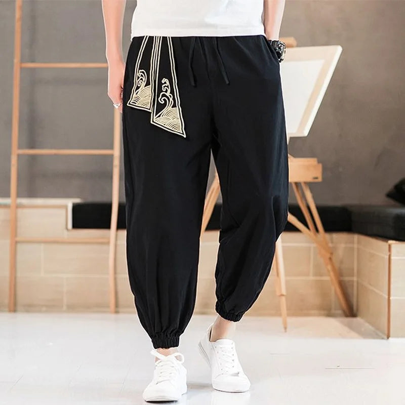 2023 New Spring and Autumn Chinese Style Embroidered Linen Sports Loose Casual Korean Version Trendy Men's Feet Cropped Pants