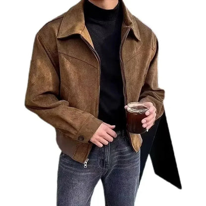 Versatile Vintage American Style Chamois Leather Jacket For Men Brown Coffee Maillard Matching Cropped Lapel Autumn Winter Season