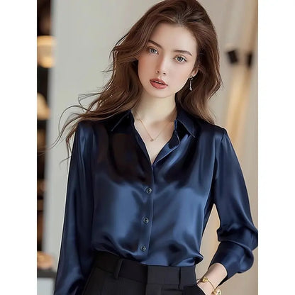 Women’s Elegant Silk Office Shirt | Slim Long Sleeve Workwear Blouse – Korean Fashion Y2K Top