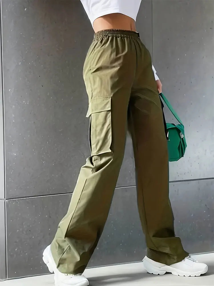 Elastic Waist Fashionable Workwear Pants High Waist Wide Leg Pants Loose Solid Color Casual Sports Pants WOMEN'S Sportswear