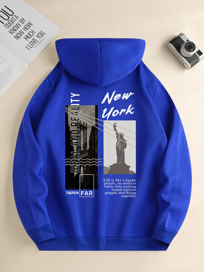 Men's new fashion hoodie, Casual Daily Drawstring Hooded Sweatshirt Street View Print, front kangaroo pocket, men's jacket