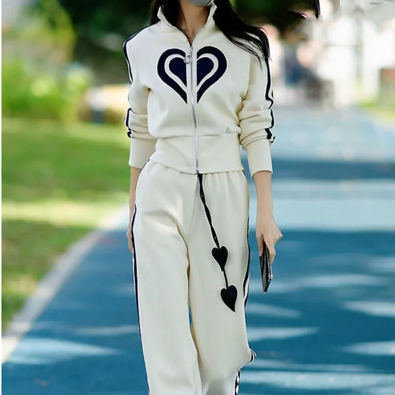 2023 Autumn Winter New Women's Casual Sports Suit Stand Collar Zippered Sweater Coat Tops Wide Leg Pants Two Piece Set Plus Size