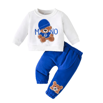 Terno For Kid 3-24Months Casual Cartoon Bear Long Sleeve tee and Navy Pants Outfit Toddler Infant Clothing Set Kids Wear