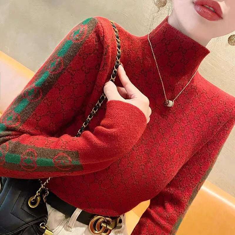 Autumn Winter New Chic Y2k Knitted Sweaters Women Clothing Letter Jacquard Half High Collar Pullovers Elastic Slim Wool Knitwear