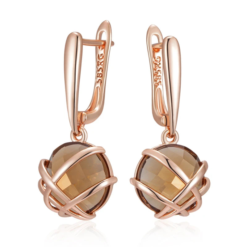 Kinel Hot Light Brown Natural Zircon Drop Earrings for Women Luxury 585 Rose Gold Color Glossy Metal Daily Fine Ethnic Jewelry