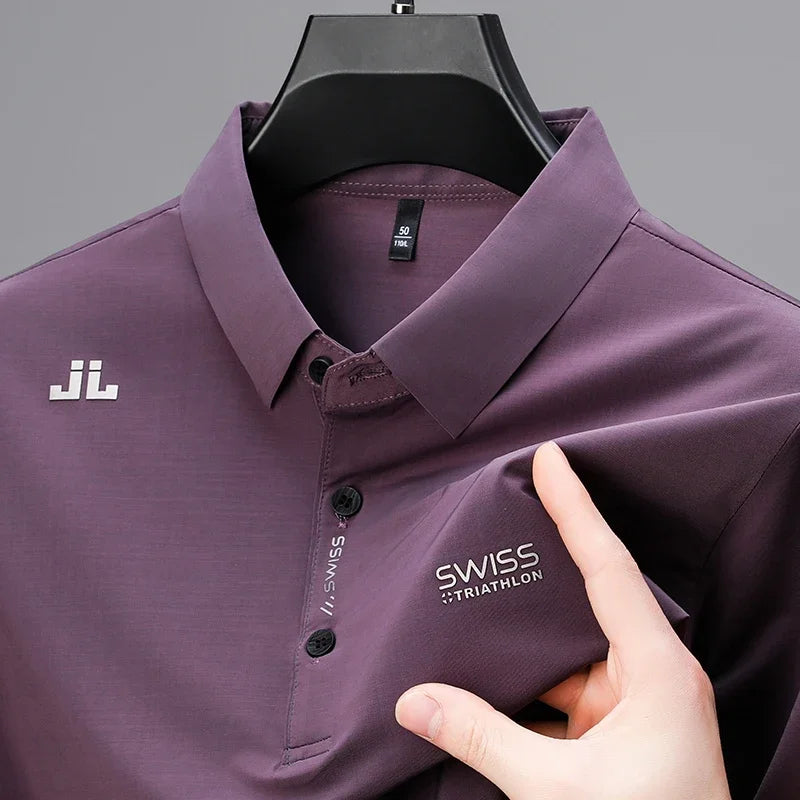 Men’s Business Casual Polo Shirt | Short Sleeve Solid Color Top with Badge – Fashionable & Breathable