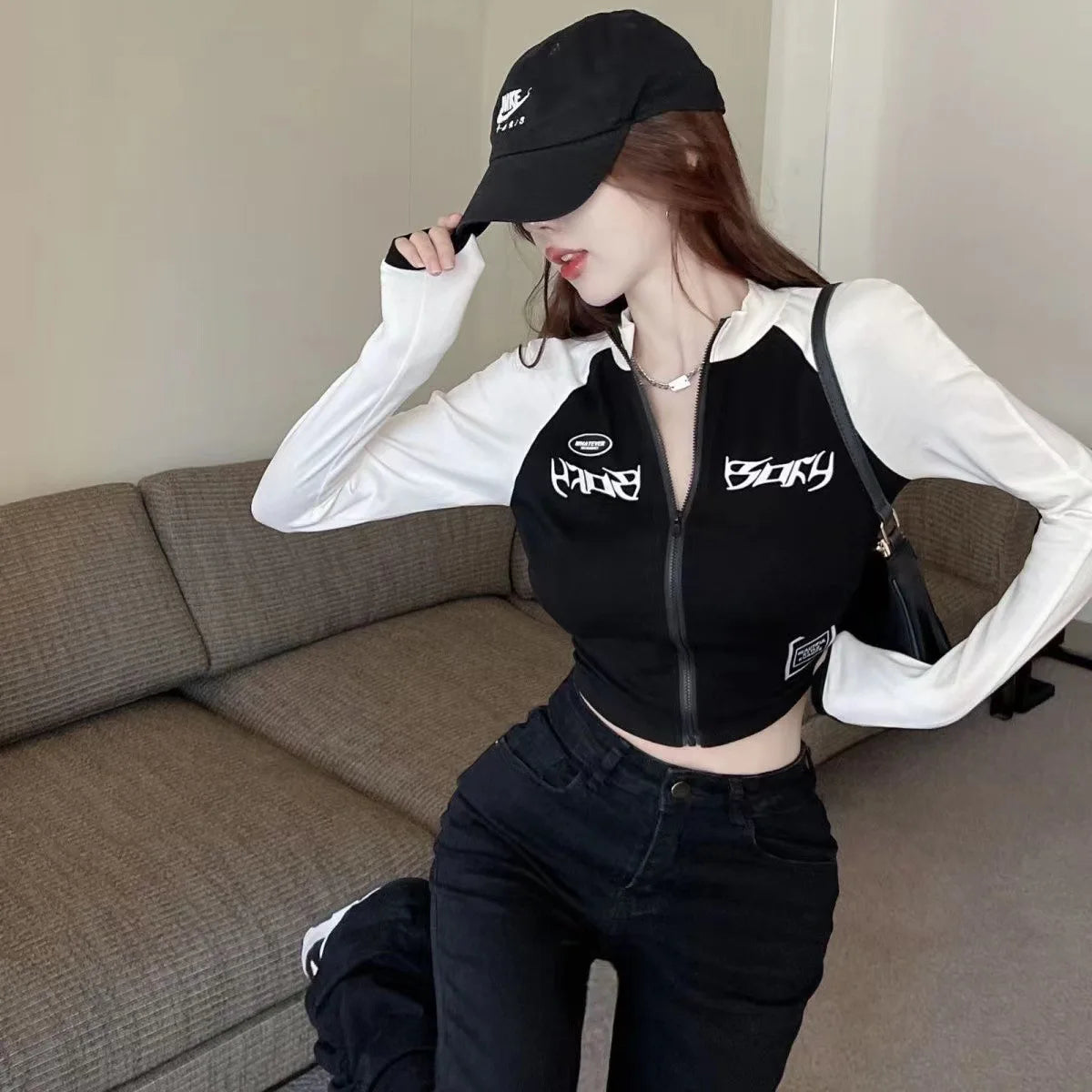 Y2K Vintage T-shirt Women Spring O Neck Long Sleeve Crop Top Korean Fashion Vintage High Street Zip Up Skinny Tees Streetwear