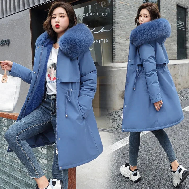 Winter Women Jacket Parka Clothes Wool Liner Fur Collar Warm Loose Long Coat Hooded Jacket Warm Thick Snow Wear Padded Parka