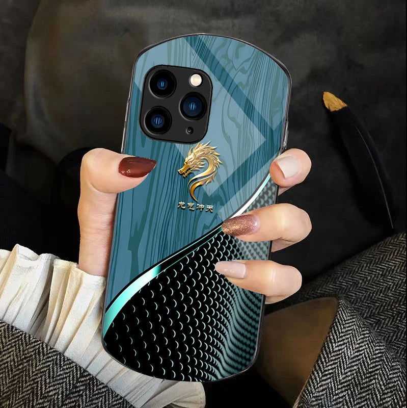 Wood Grain Dragon Qi For Iphone 11 12 13 14 15 Pro Max Plus Mini 7 8 Se 2020 X Xs Xr Elliptical Tempered Glass Phone Case