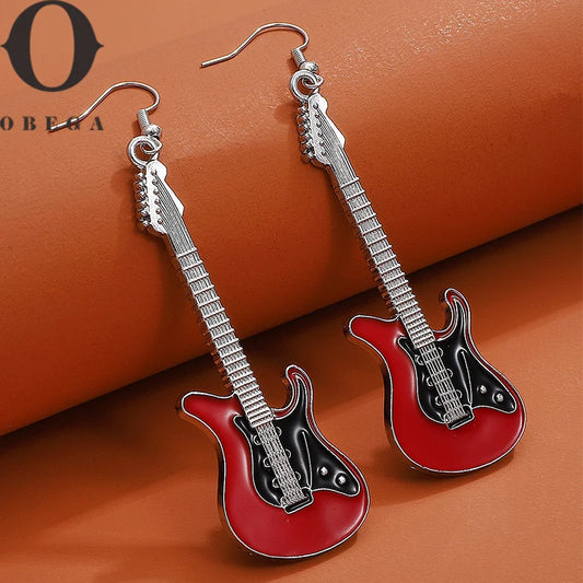 Obega Guitar Drop Earrings For Women Silver Color Black Red White Epoxy Vintage Girls Cute Jewelry Gift Fishhook Style