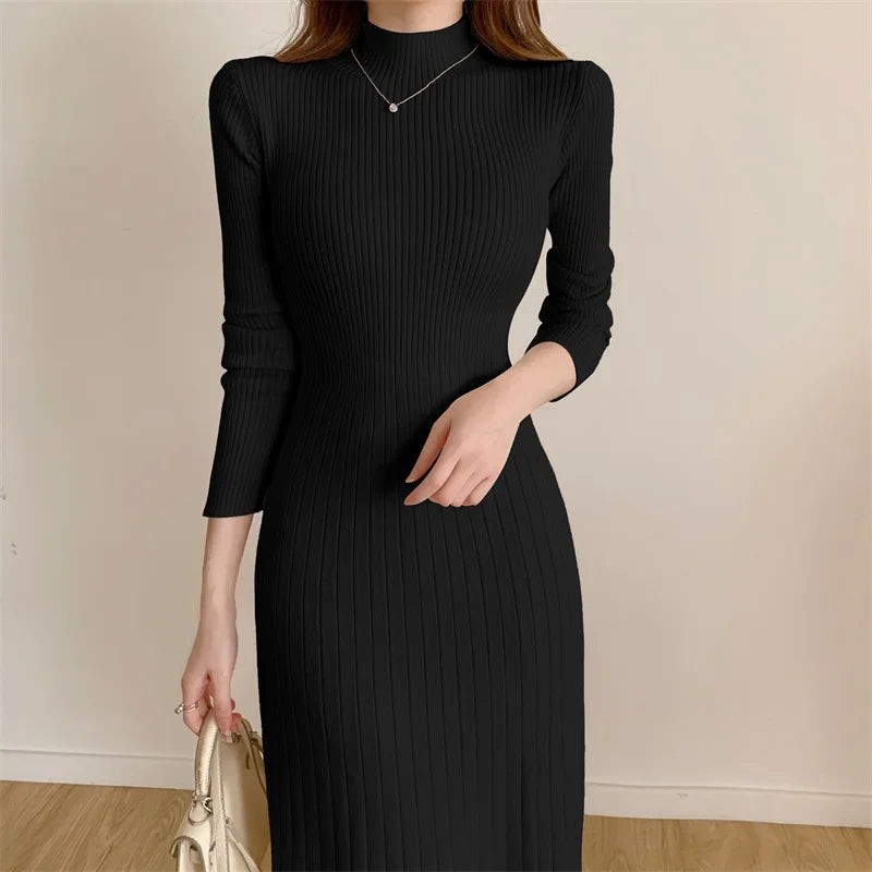 Autumn Winter 2024 Slim Long Sleeve Party Midi Dress for Women Knitted Half High Collar Elegant Knitted Sweater Dresses Ladies