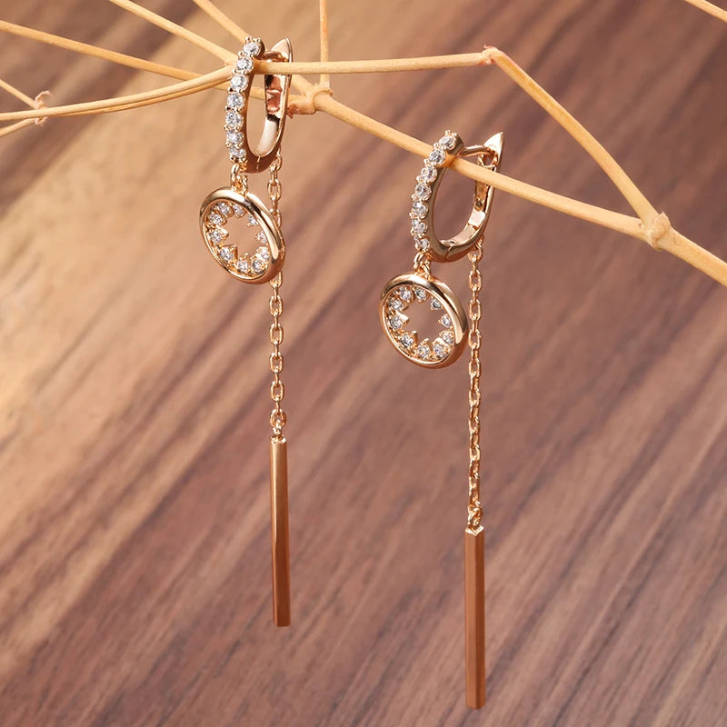 Hot Trend Long Tassel Dangle Earrings For Women Fashion 585 Rose Gold Color Natural Zircon Fine Daily Jewelry Crystal Gift