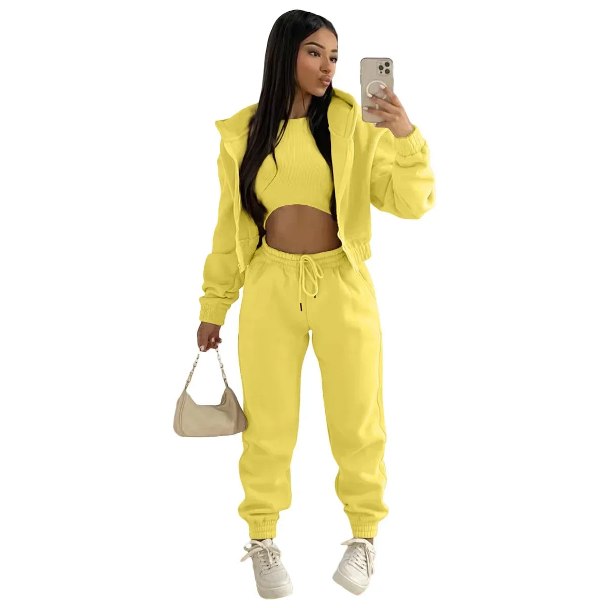 3pcs Women's Clothing Set Fleece-lined Hooded Sweater &Sleeveless Tank Top & Sports Sweatpants Pants