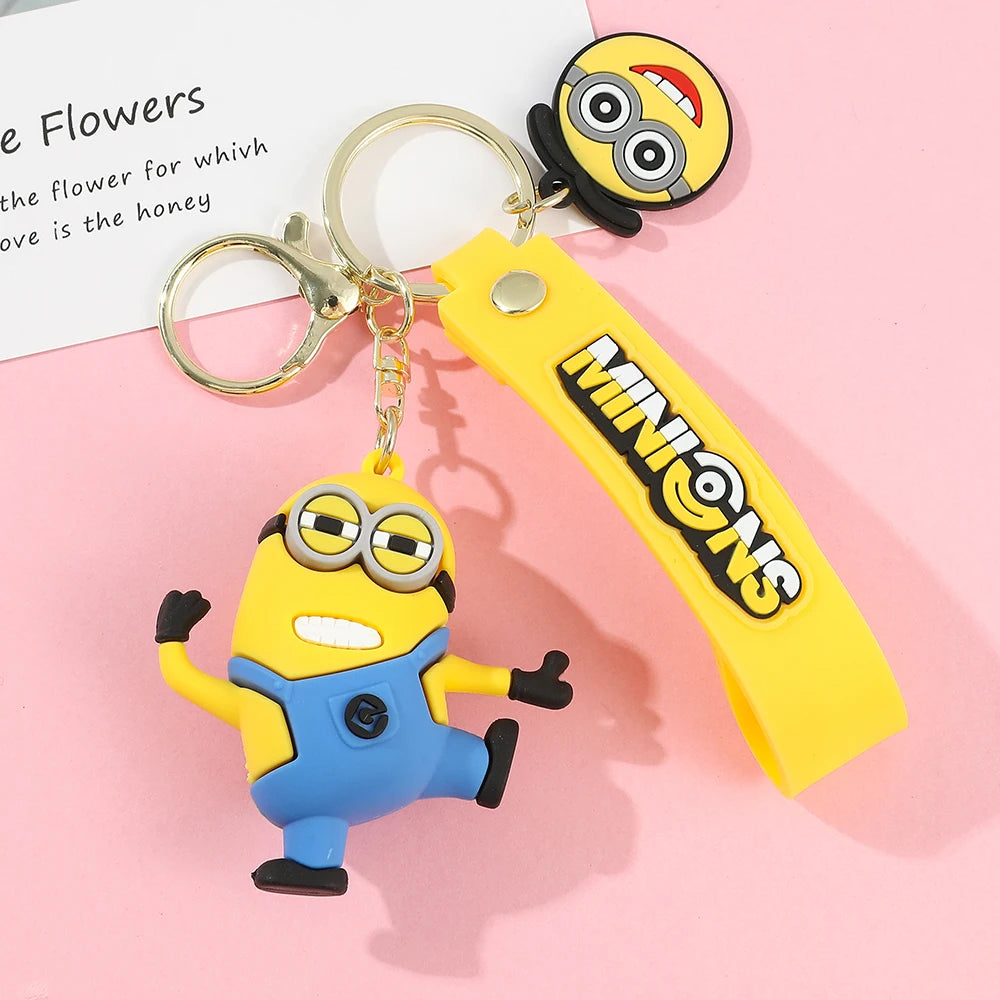 Minions Keychain Cartoon Toys Model Silicone Pendant Keyring Cosplay Car Backpack Key Holder Accessories