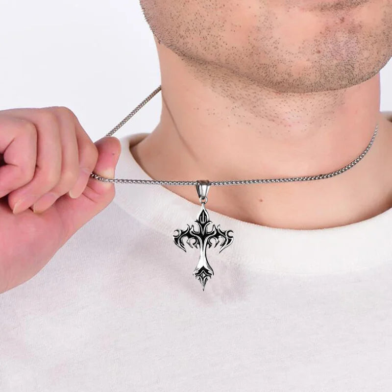 Men's Fashion Punk Flame Cross Pendant Chain Necklace for Women Male  Long Chain Hip Hop Rock Gothic Jewelry Gift