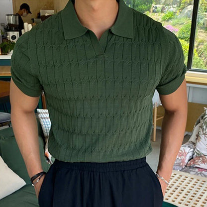 2023 Men's Knitted Jacquard Polo Shirt Casual Stripe V-Neck Solid Color Short Sleeve T-Shirt Breathable Light Luxury Clothing