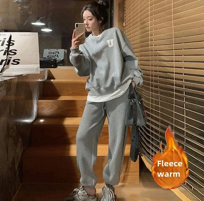 Women's Autumn Winter New Style Loose Fit Fleece Lined Thickened Casual Fashion Sports Suit Sweatshirt Trousers 2-piece Set