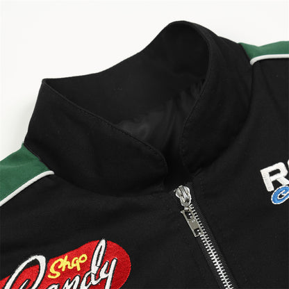 Veste de motard flamme avec lettres brodées en patchwork pour hommes