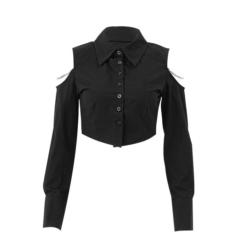 Women's Lapel Buttoned Cardigan Off Shoulder Long Sleeve Shirt