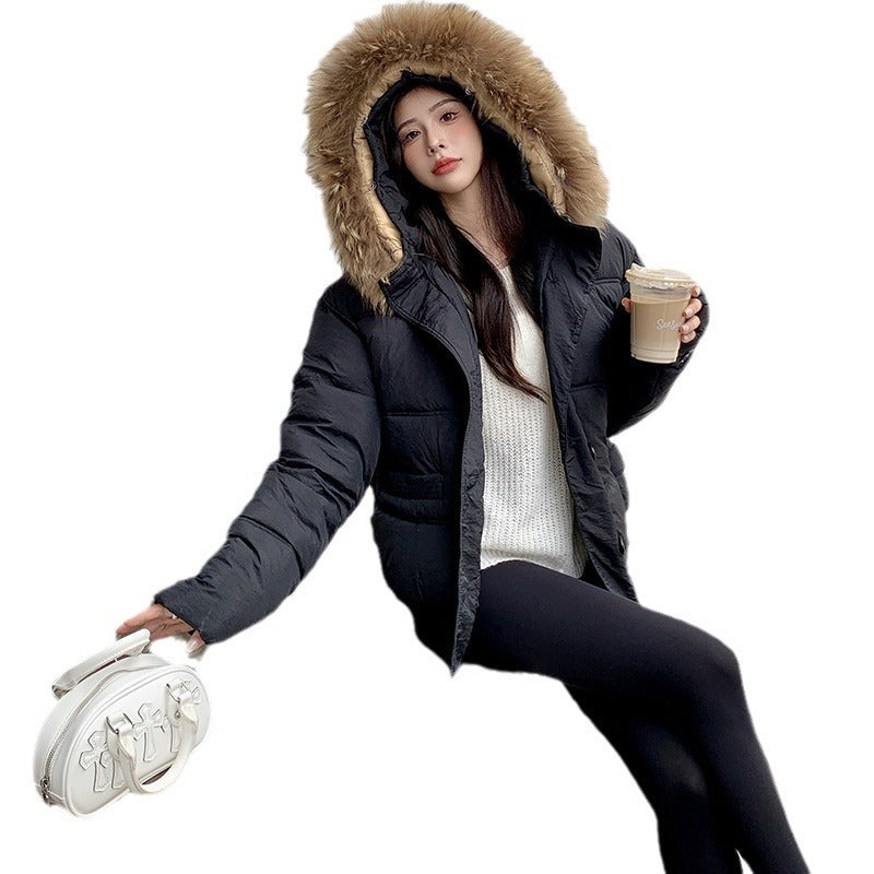 Milk Tea Color Big Fur Collar Short Down Jacket Women