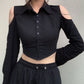 Women's Lapel Buttoned Cardigan Off Shoulder Long Sleeve Shirt