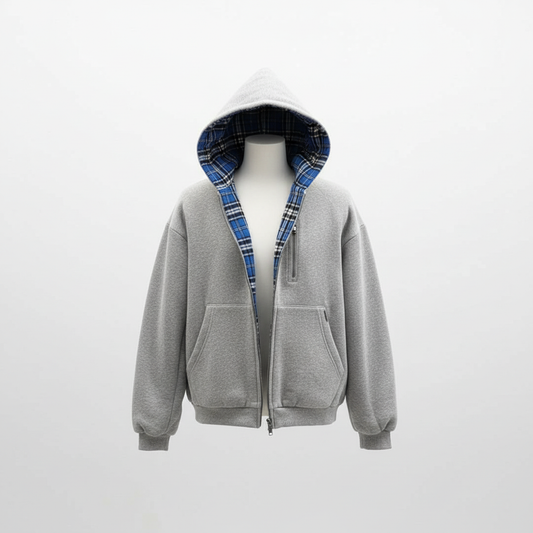 Gray double sided hoodie with plaid lining on a mannequin against a white background