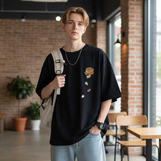 Man wearing a oversized white t-shirt with graphic designs 