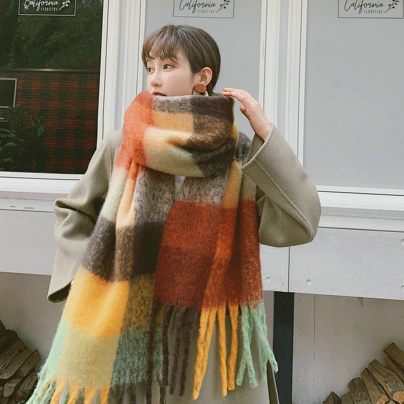 Thick Braid Rainbow Plaid Color Matching Scarf Winter Imitation Cashmere Plaid Fringed Shawl