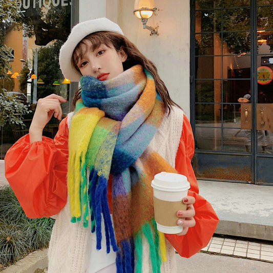 Thick Braid Rainbow Plaid Color Matching Scarf Winter Imitation Cashmere Plaid Fringed Shawl