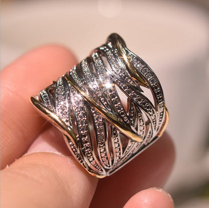 Bague de fiançailles créative en Zircon plaqué or véritable, bicolore, pour femmes européennes et américaines, nouvelle collection