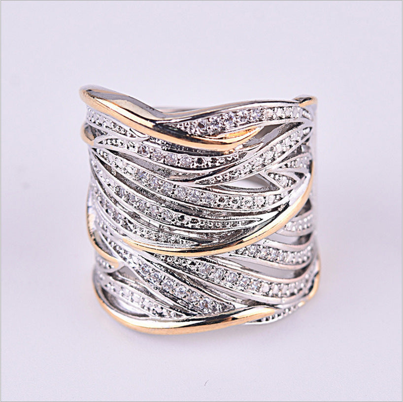 New Creative Plated Two-color Real Gold Zircon Ring European And American Female Engagement Ring