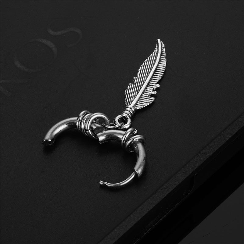 Korean Version Stainless Steel Coil Earrings Feather Earrings Trendy Street Hong Kong Style Hip Hop Earrings Fashion Retro Ear Clips