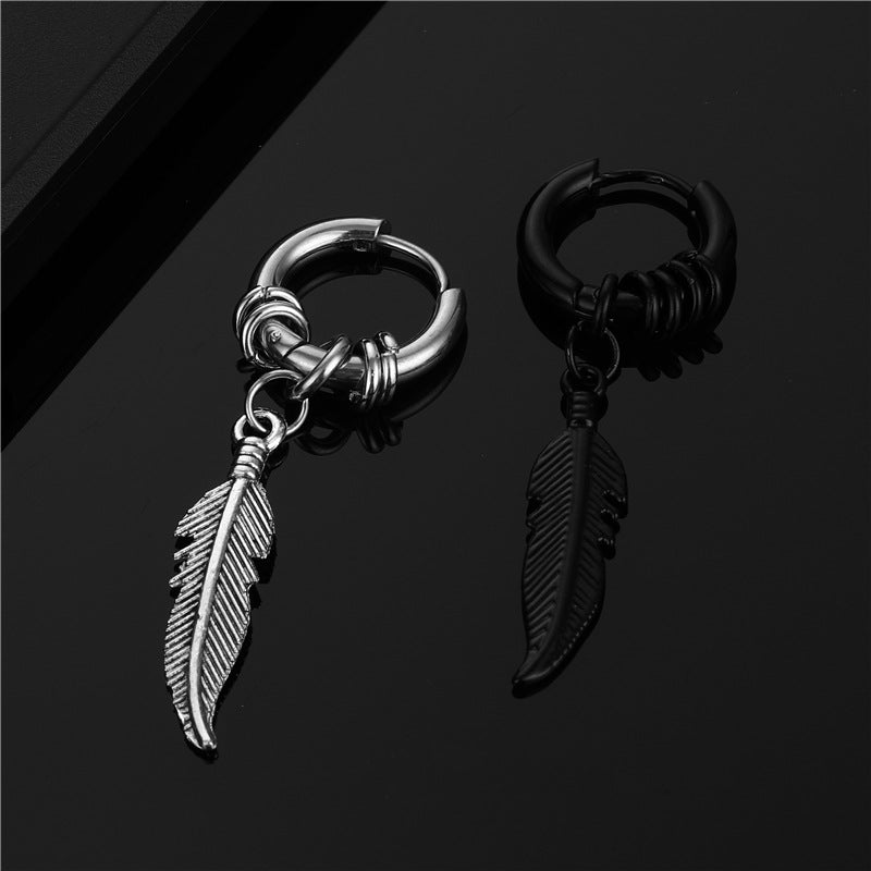 Korean Version Stainless Steel Coil Earrings Feather Earrings Trendy Street Hong Kong Style Hip Hop Earrings Fashion Retro Ear Clips