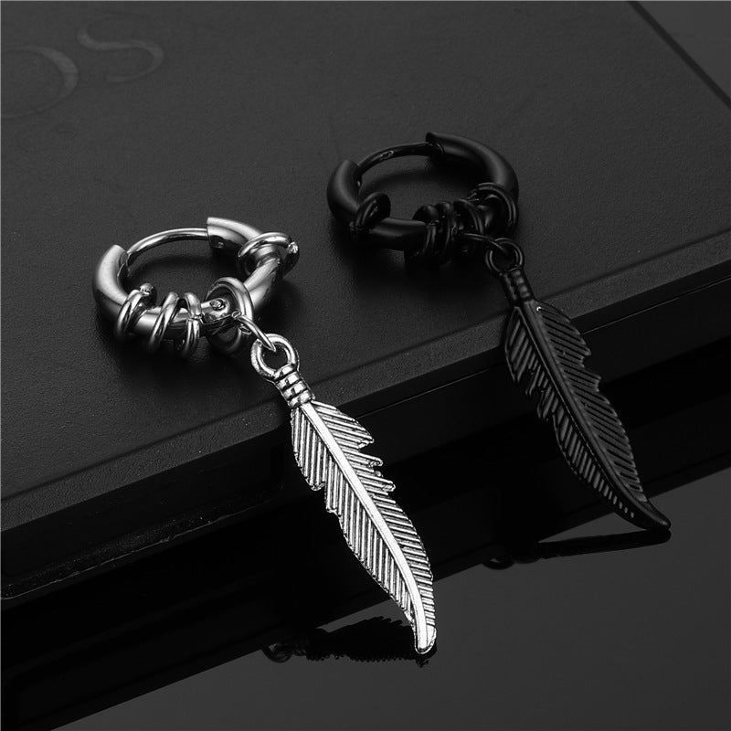 Korean Version Stainless Steel Coil Earrings Feather Earrings Trendy Street Hong Kong Style Hip Hop Earrings Fashion Retro Ear Clips