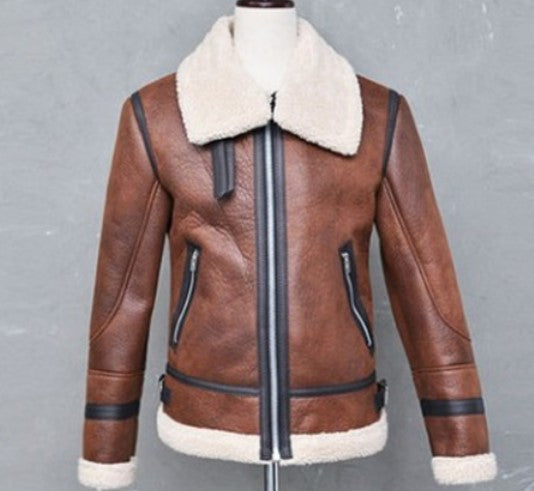 Men's Jacket Winter Highneck Warm Fur Liner Lapel Leather Zipper