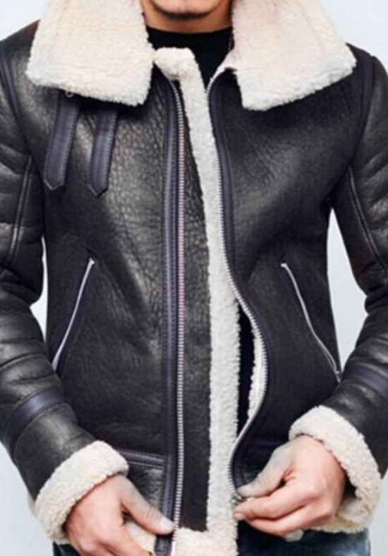 Men's Jacket Winter Highneck Warm Fur Liner Lapel Leather Zipper