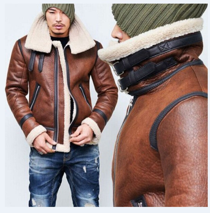 Men's Jacket Winter Highneck Warm Fur Liner Lapel Leather Zipper