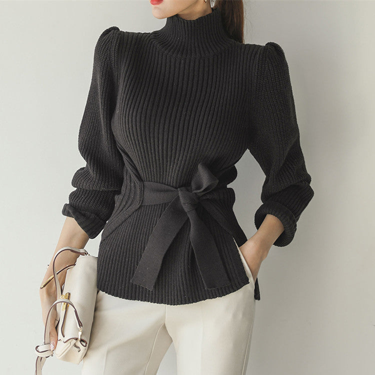 Chic Elegant Temperament Half-high Collar Tie Waist Slimming Design Fashion Long-sleeved Sweater