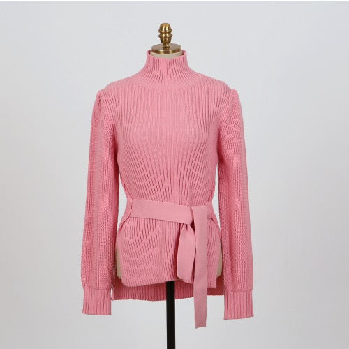 Chic Elegant Temperament Half-high Collar Tie Waist Slimming Design Fashion Long-sleeved Sweater