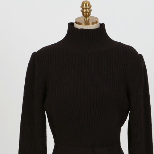 Chic Elegant Temperament Half-high Collar Tie Waist Slimming Design Fashion Long-sleeved Sweater