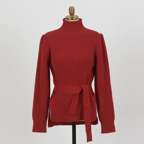 Chic Elegant Temperament Half-high Collar Tie Waist Slimming Design Fashion Long-sleeved Sweater