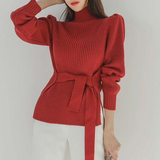 Chic Elegant Temperament Half-high Collar Tie Waist Slimming Design Fashion Long-sleeved Sweater