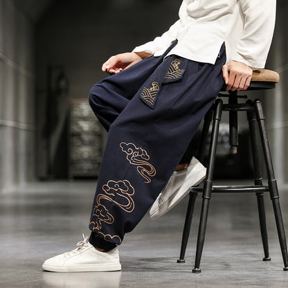Pantalon de Style chinois pour hommes, pantalon imprimé petits pieds, ample, jambes larges, Bloomer
