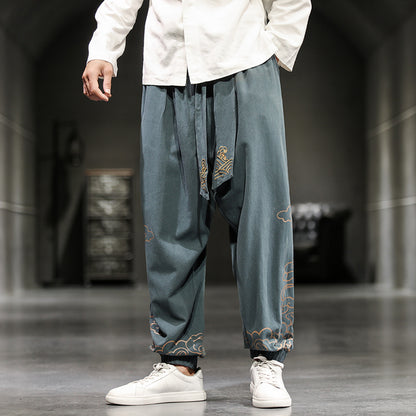 Pantalon de Style chinois pour hommes, pantalon imprimé petits pieds, ample, jambes larges, Bloomer
